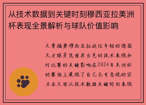 从技术数据到关键时刻穆西亚拉美洲杯表现全景解析与球队价值影响