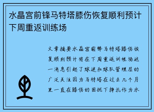 水晶宫前锋马特塔膝伤恢复顺利预计下周重返训练场